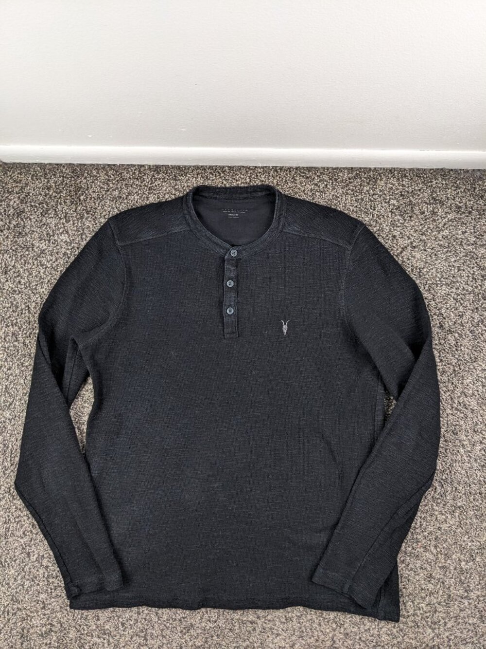 Allsaints Henley Shirt Muse Waffle Knit Long Sleeve Thermal Black Mens Medium